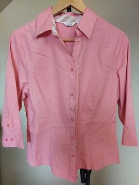 Riders Womens Instantly Slims You Button Down Shirt Long Sleeve Pink L Cotton